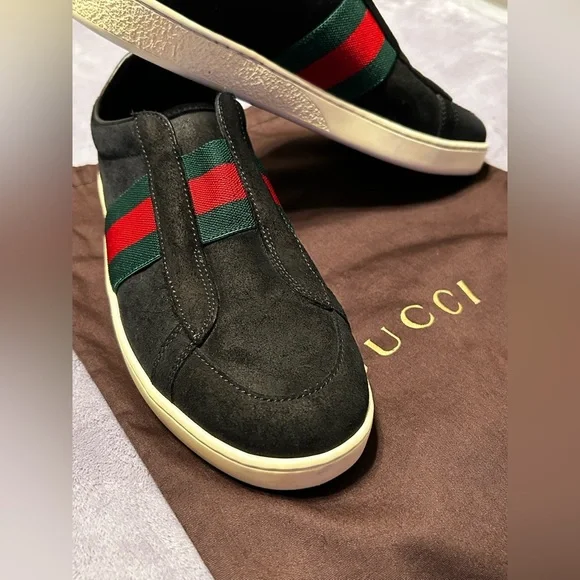 Gucci Black Suede Web Stripe Slip-On Sneakers Size 7.5 - Picture 6 of 15